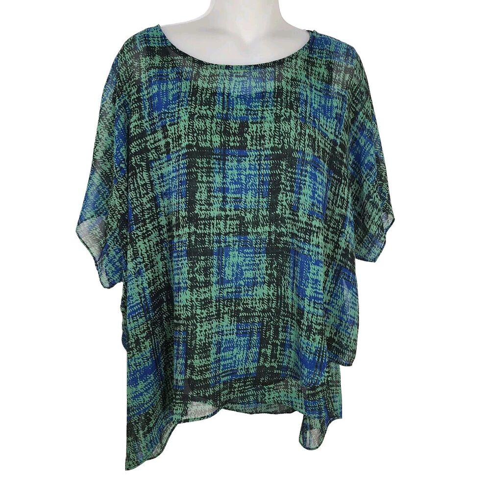 CABI Women's Top Medium Green Painted Plaid Paradox Layered Blouse Style 3770